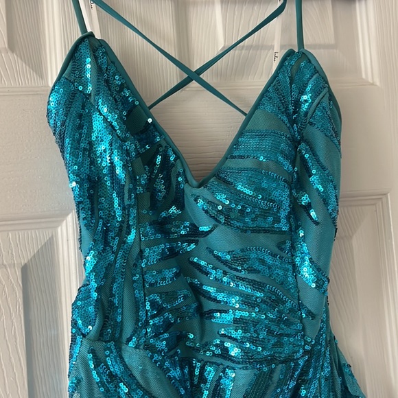 LULUS PROM DRESS - Sparkle 'til Dawn Teal Blue Sequin Lace-Up Mermaid Maxi Dress - Picture 6 of 11